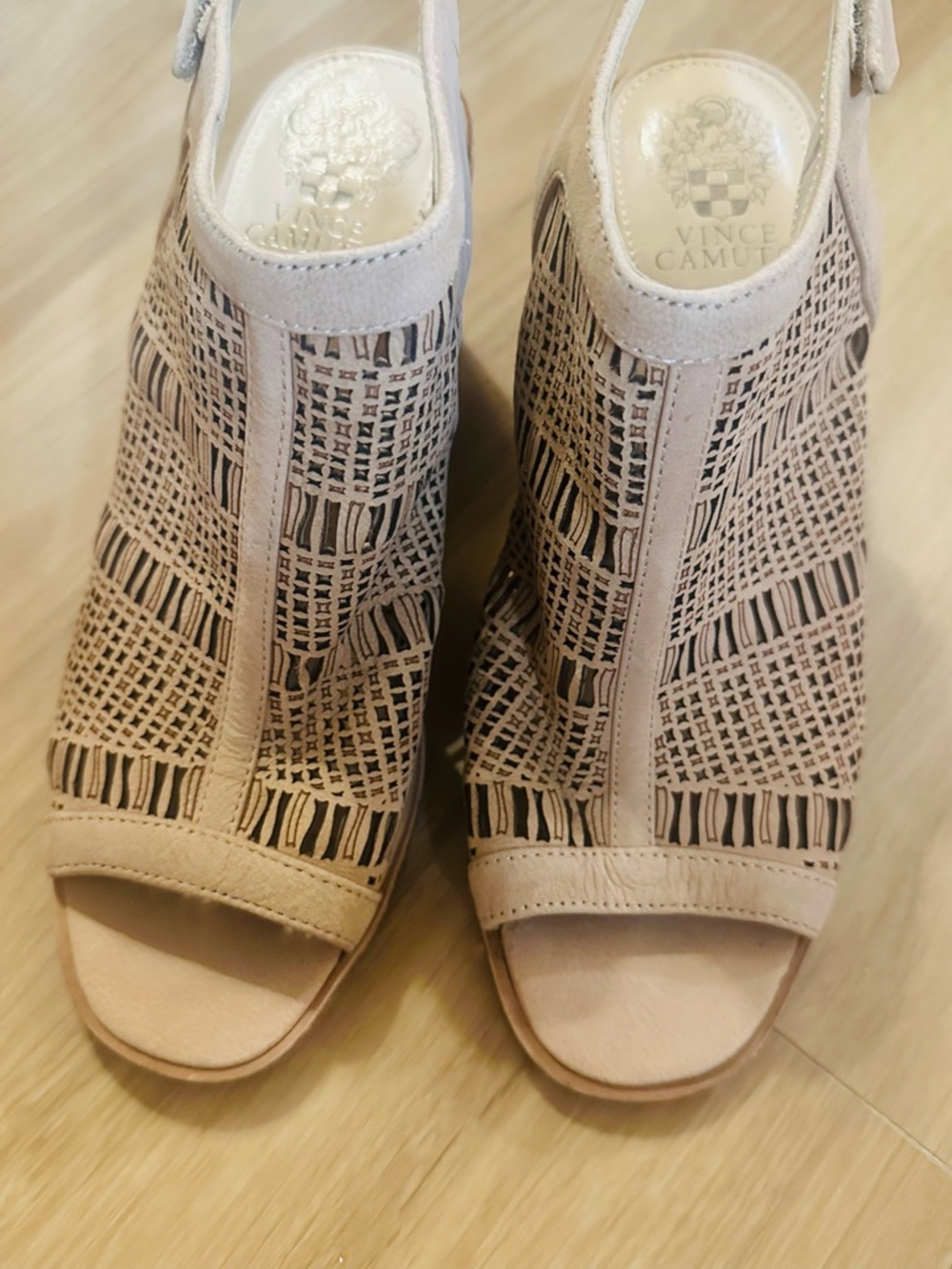Vince Camuto Nude Laser-Cut Peep Toe Slingback Wedges